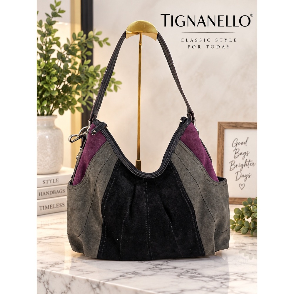 Tignanello Suede Hobo Shoulder Bag Colorblock Black Grey Purple Zip Closure